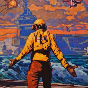 Détail du tableau « Le Facteur humain » de Miles Hyman, montrant de dos le marin